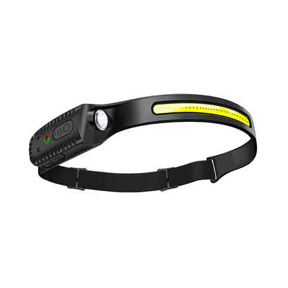 Black headlamp with a yellow reflector on a white background