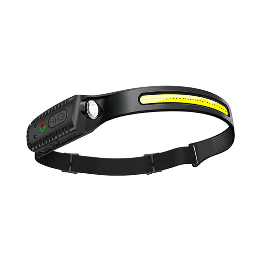 Black headlamp with a yellow reflector on a white background