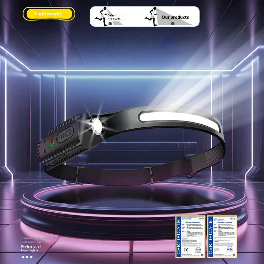 Headlamp with certification labels on a futuristic background