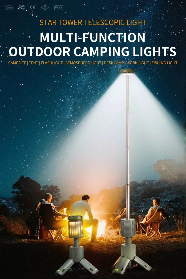 Multi-function outdoor camping lights with people around a campfire under a starry sky.