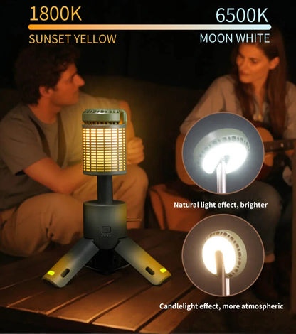 Two people are sitting outside with a portable light emitting different colors of light.