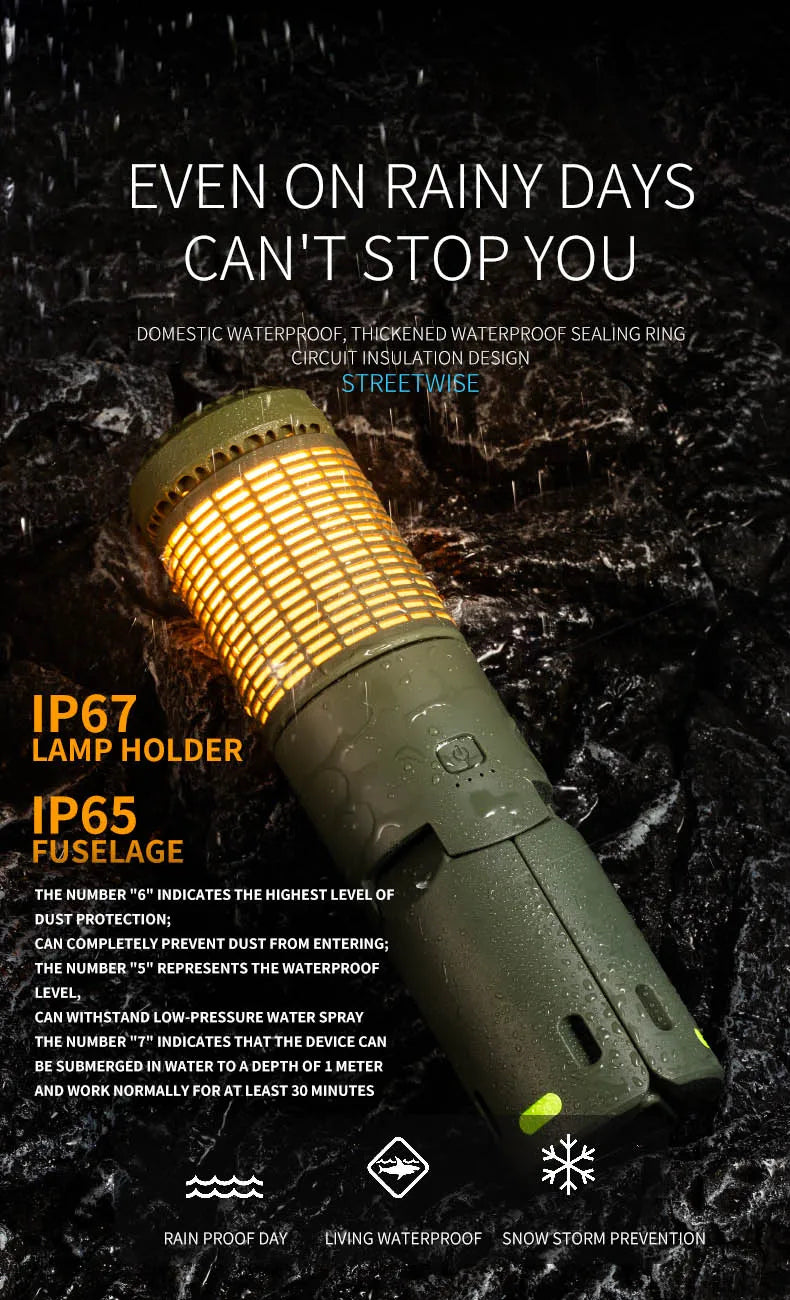 Lighting component with text on rain resistance and waterproofing on a dark background
