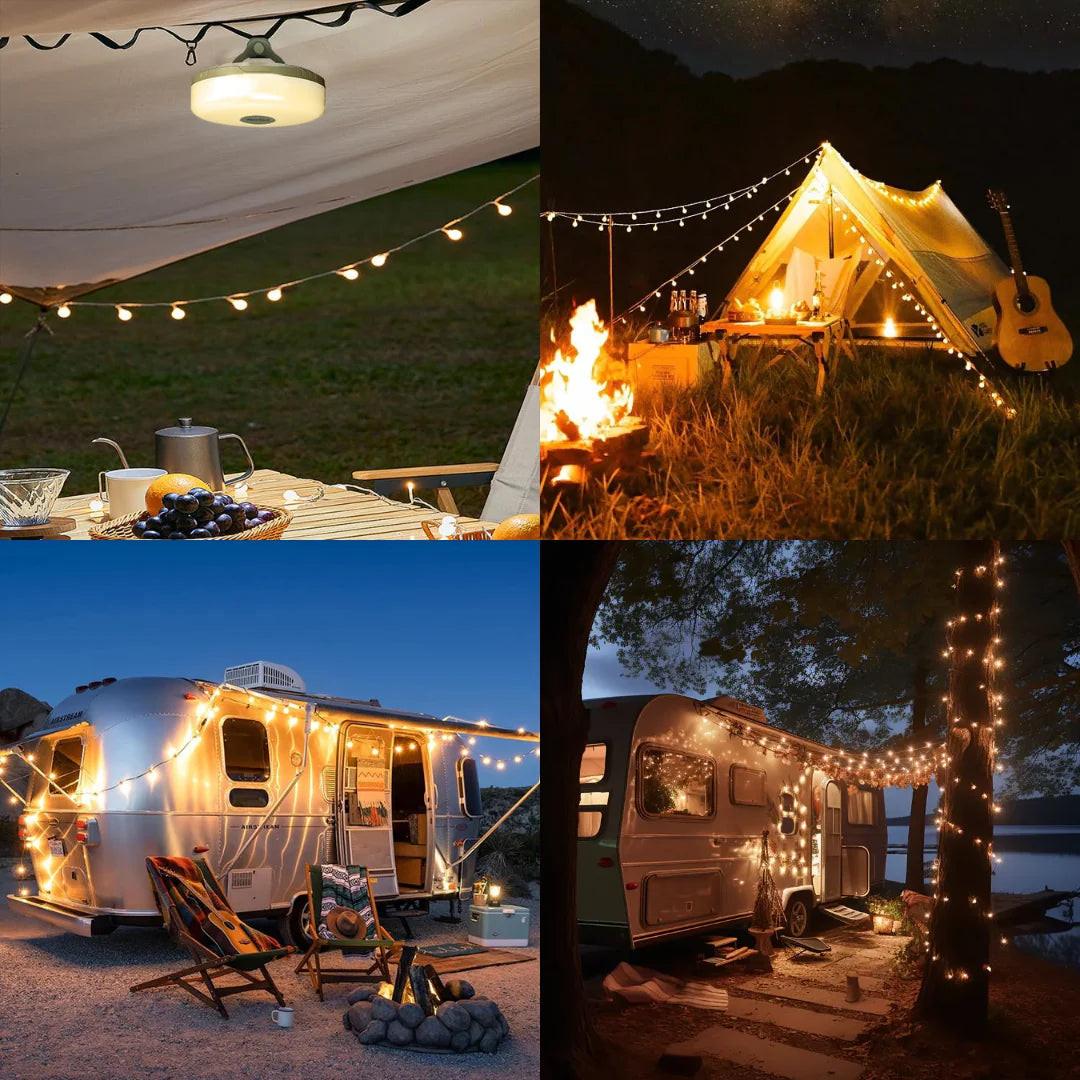 Collage of camping scenes with tents, string lights, and a vintage trailer.