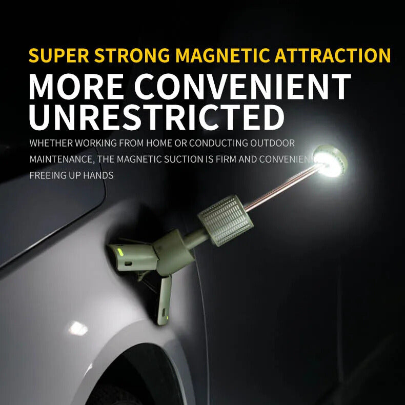 Magnetic tool attached to a car door with text highlighting its features.
