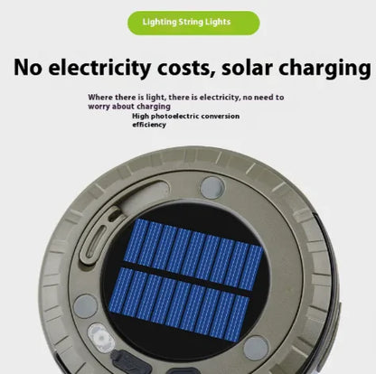Solar panel with text about solar charging and electricity costs on a light gray background